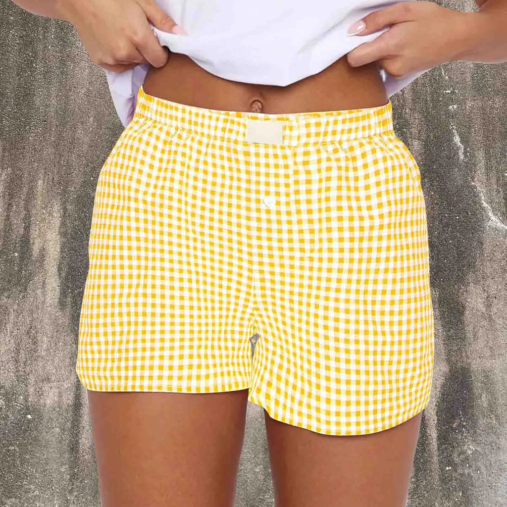Youthful Summer Women's Casual Plaid Shorts Teenage Girls Elastic Waistband Lace-Up Classic Versatile Fashionable Summer Shorts