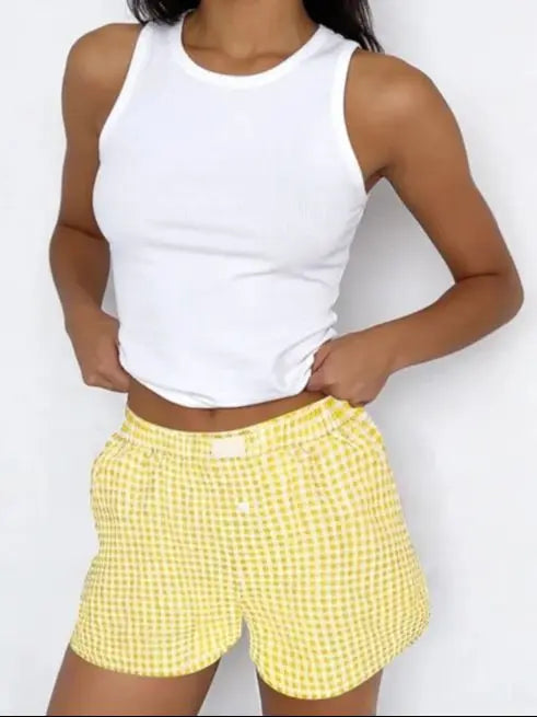 Youthful Summer Women's Casual Plaid Shorts Teenage Girls Elastic Waistband Lace-Up Classic Versatile Fashionable Summer Shorts