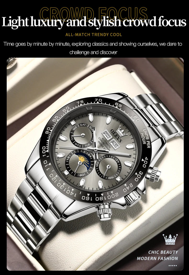 OLEVS 6654 Mens Watch Fashion Chronograph Automatic Mechanical Wristwatch Waterproof Luminous Function Top Brand Watch for Man