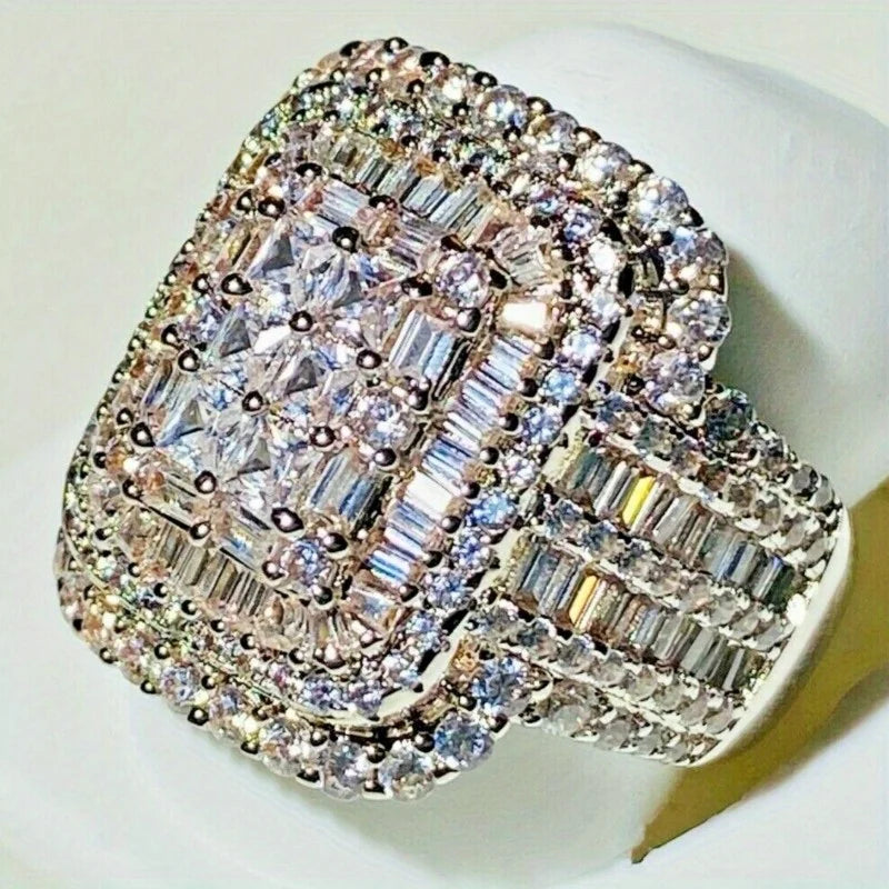 Elegant Wide Band Ring Inlay Sparkling Cubic Zirconia Luxurious Square Ring Women's Gorgeous Jewelry Accessory