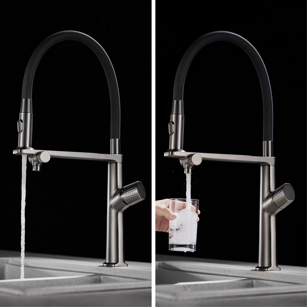 Luxury Gun Gray Brass Kitchen Faucet 1 Hole Double Handle Cold and Hot Dual Control, with Filtered Water Two Function Sink Tap