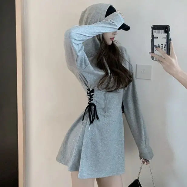 Streetwear Mini Dress Spring Autumn Korean High Waist Lace Up Slim Vestidos Women Harajuku Hooded Bandage A Line Dresses