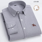 100% Pure Cotton Men's Long Sleeve Shirt Business Casual Solid Color Embroidered Oxford Spun Shirt