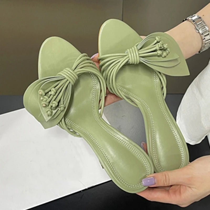 Liyke Designer Women Green Leaf Narrow Band Summer Slipper Sandal Street Fashion Open Toe Mules Thin Low Heels Party Dress Shoes