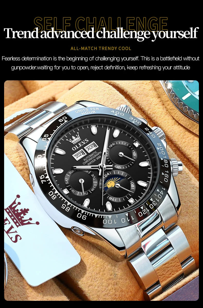 OLEVS 6654 Mens Watch Fashion Chronograph Automatic Mechanical Wristwatch Waterproof Luminous Function Top Brand Watch for Man