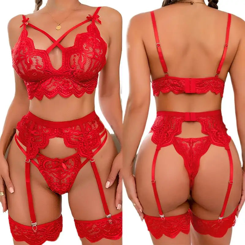 For Women Transparent Lingerie Women's Underwear See Through Lingerie Sets Hollow Out Three-piece Set Female Sexy Costumes