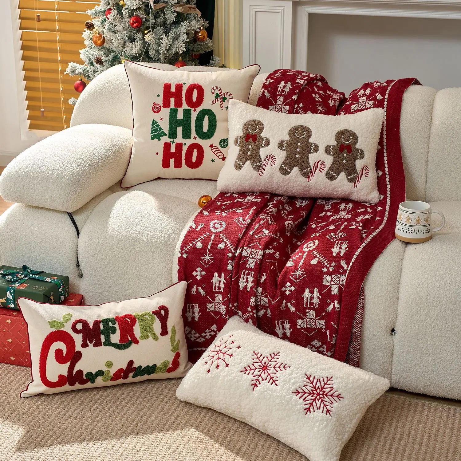 Embroidered Merry Christmas Holiday Red Throw Pillow Case Cover Decorative Sofa Cushion Covers for Home Xmas Party Decor