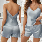 Sexy Backless Deep V Lace Luxury Summer Sleepwear Set Soft Satin Pajamas Set for Women Comfortable Short Sleeve Cami & Shorts