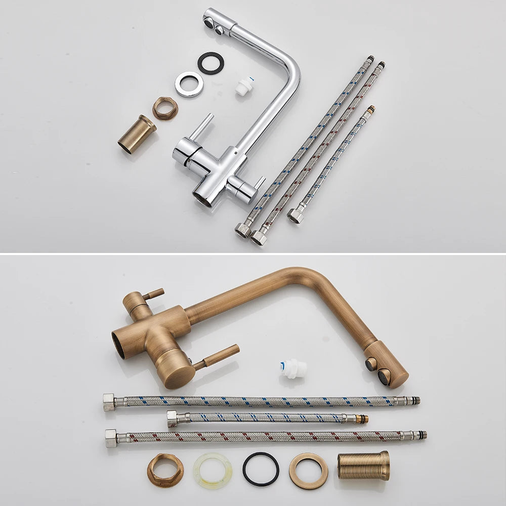 Chrome Purified Water Kitchen Faucet Pure Water Filter Deck Mounted Faucet Crane Dual Handles Hot Cold Water Mixer Taps