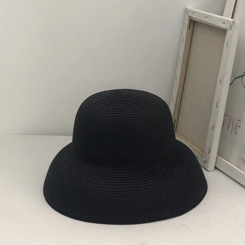 Summer Elegant Dome Straw Hats Women Girl 13cm/8.5cm 2 Sizes Solid Color Beach Sun Hat Foldable Portable Travel Holiday Panama