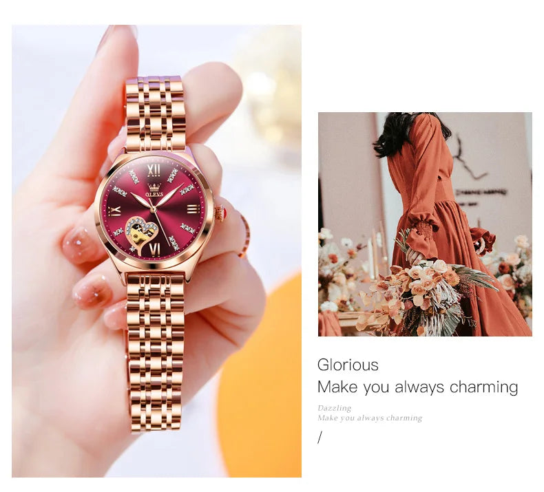 OLEVS Brand 2024 New Fashion Hollow Mechanical Watch for Women Luxury Stainless Steel Strap Waterproof Luminous Womens Watches