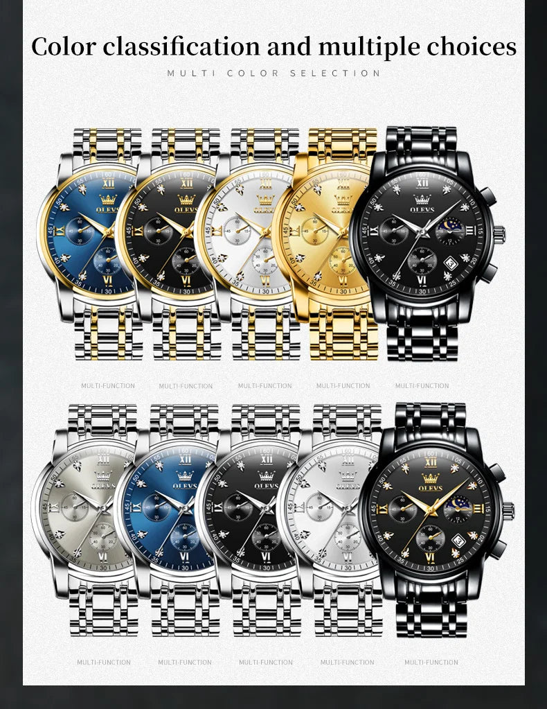 OLEVS 2858 Men's Watches Stainless Steel Waterproof Anti-Scratch Moon Phase Luminous Chronograph Luxury Quartz Men's Wristwatch