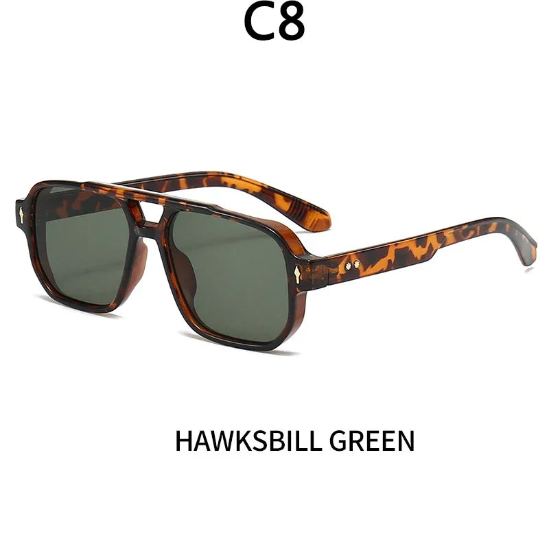 Vintage Double Bridges Men Square Sunglasses Fashion Green Ocean Lens UV400 Eyewear Women Trending Rivets Sun Glasses