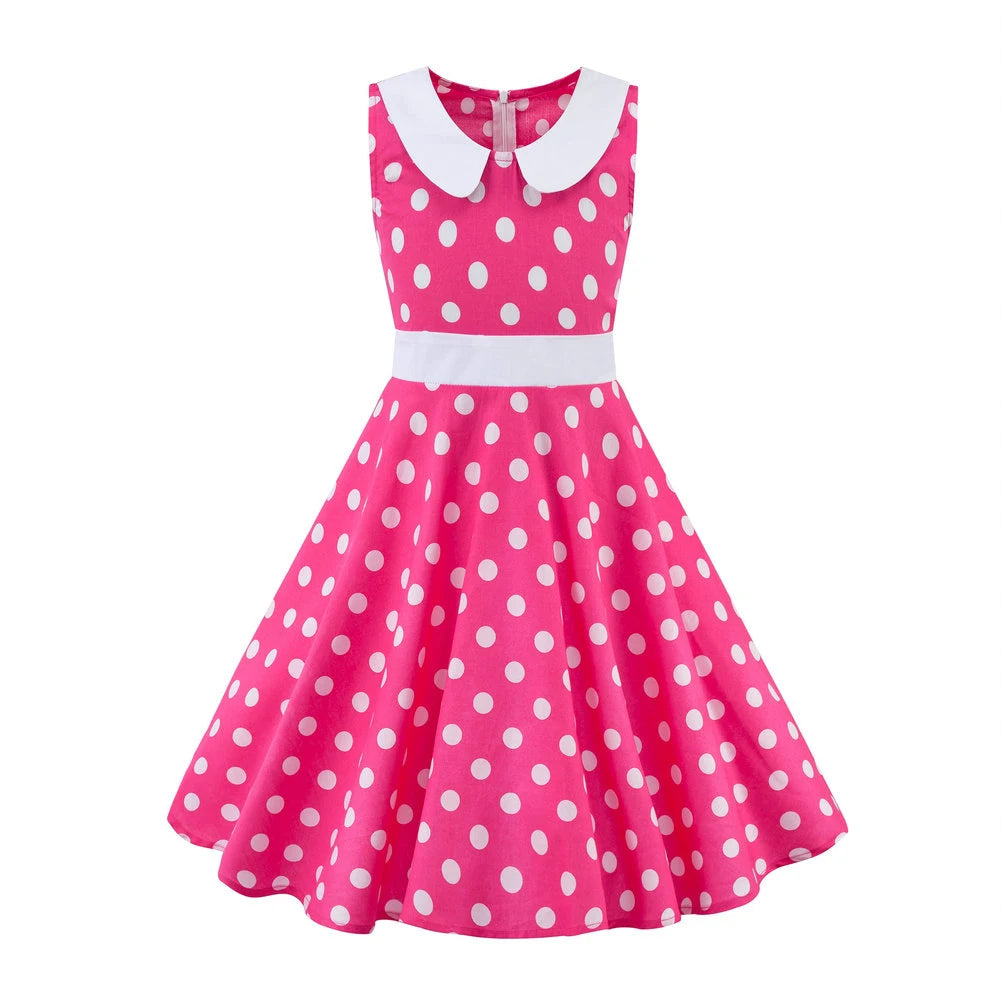 LPATTERN Girls' Vintage Rockabilly Dress Party Retro Polka Dot Floral Pattern A-line Dresses Pleated Skirt Knee-Length for 4-10Y