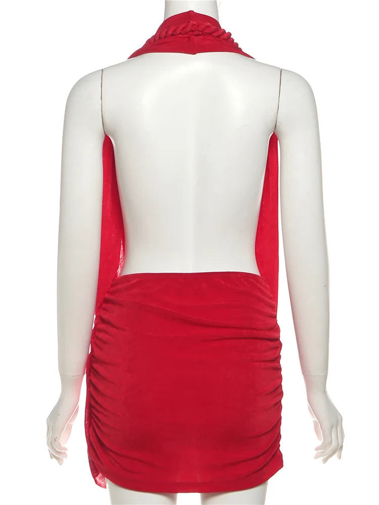 Weird Puss Halter Ruched Dress Women Sexy Whip Knot Backless Patchwork Elegant Stretch Christmas Peach Hip Birthday Mini Bodycon
