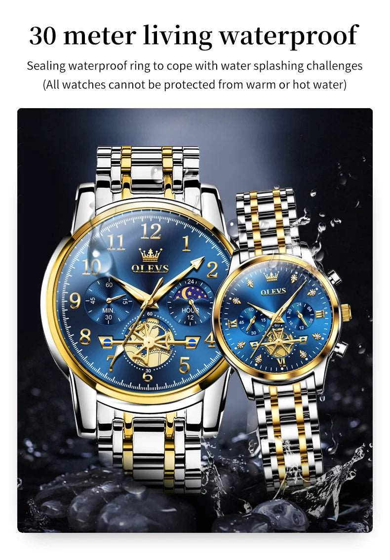 OLEVS Brand 2025 New Luxury Tourbillon Couple Quartz Watch Stainless Steel Waterproof Luminous Fashion Moon Phase Watches Lovers
