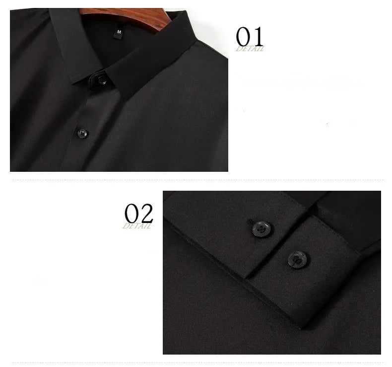 New Design Men's Solid Shirt Long Sleeve Autumn High Elasticity Casual Wrinkle Free No ironing Business Formal White Blue Social
