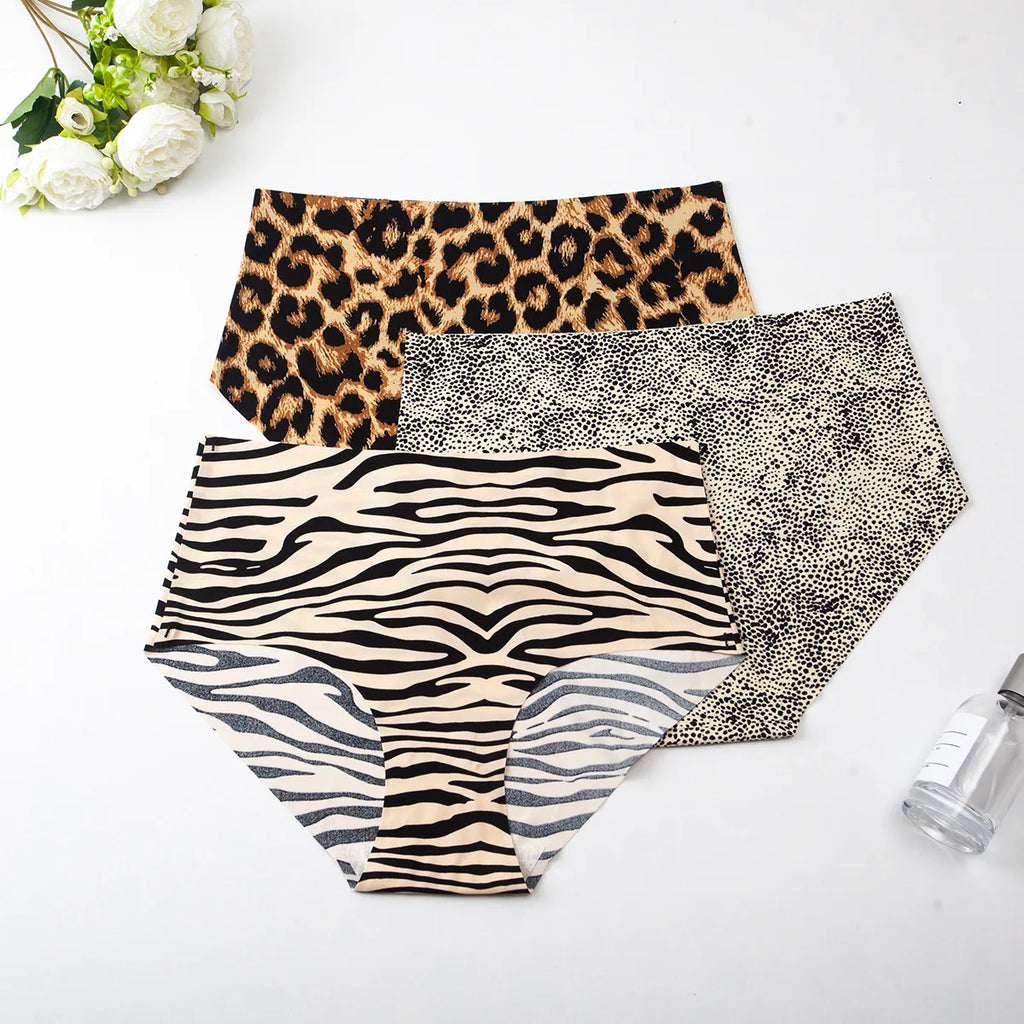 6pcs Women's Seamless Ice Silk Panties Female Mid Waist Plus Size Leopard Print Underwear Girls Fashion Brief Lady Comfort Panty