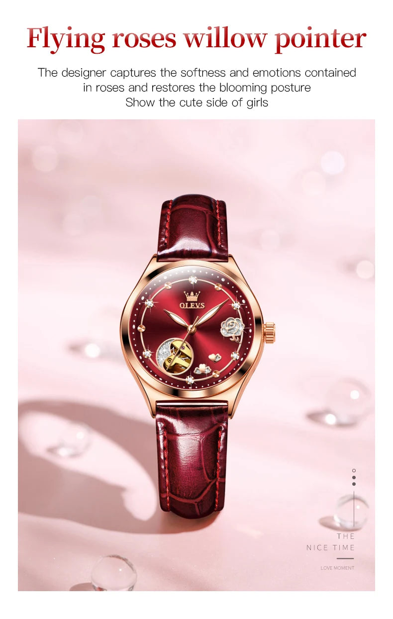 OLEVS Fashion Women Mechanical Watches Bracelets and Necklaces Set Leather Strap Luxury Hollow Ladies WristWatches Reloj Mujer