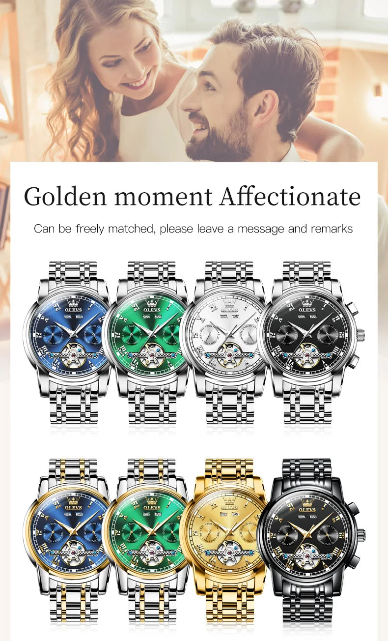 OLEVS 6607+6602 Original Men Women Watch Luxury Brand Tourbillon Mechanical Watch High end Romantic Lover Date Gift Couple Watch
