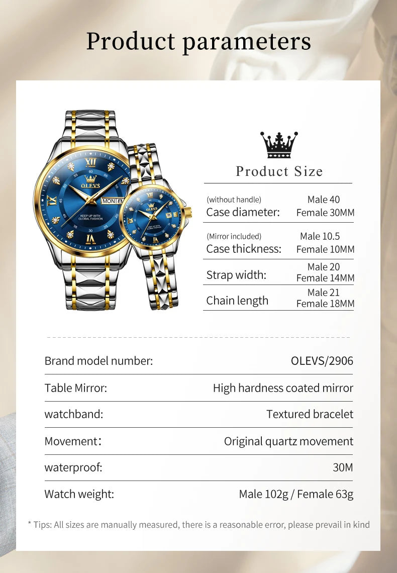 OLEVS 2906 Fashion Date Quartz Couple Watches Diamond Top Brand Luxury Watch For Men Women Waterproof Stainless Steel Wristwatch