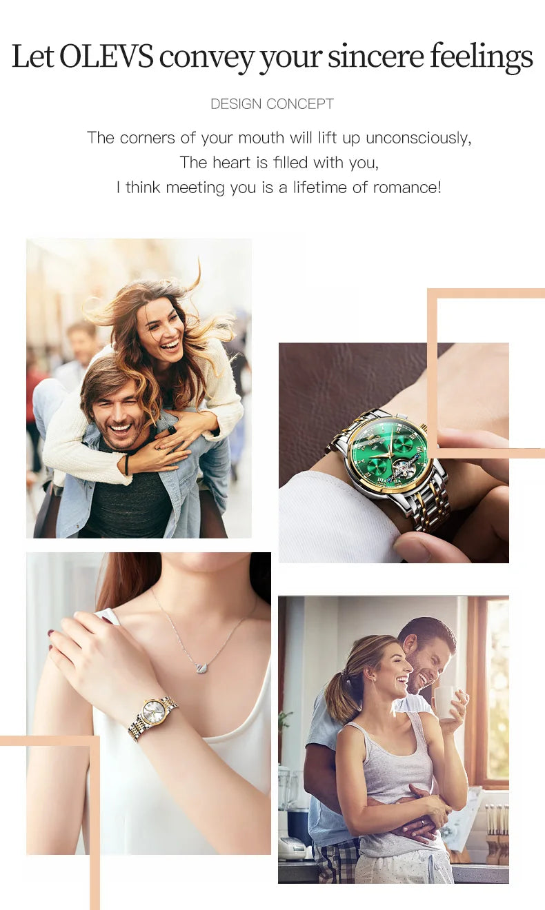 OLEVS 6607+6602 Original Men Women Watch Luxury Brand Tourbillon Mechanical Watch High end Romantic Lover Date Gift Couple Watch