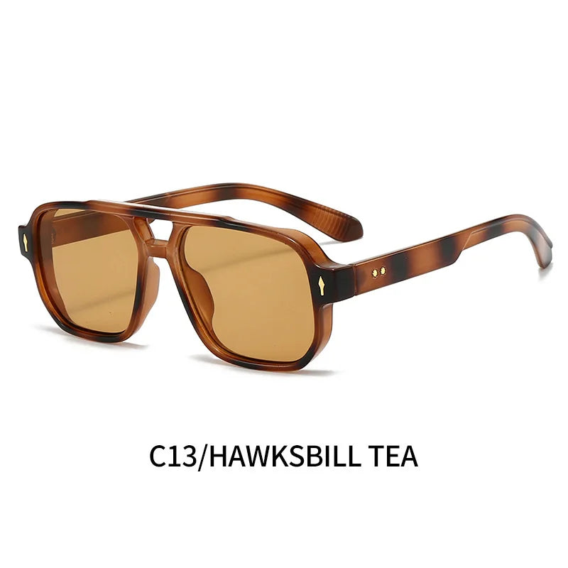 Vintage Double Bridges Men Square Sunglasses Fashion Green Ocean Lens UV400 Eyewear Women Trending Rivets Sun Glasses