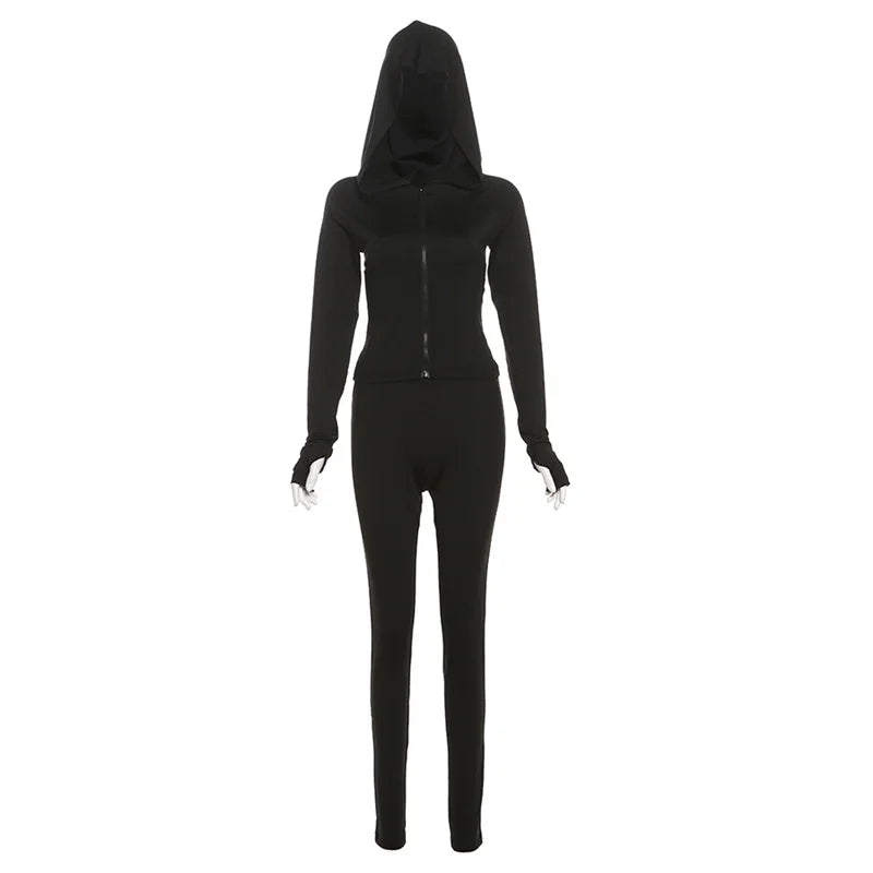 Weird Puss Sporty Casual 2 Piece Set Women Tracksuit Hooded Zip Crop Tops+Leggings Fitness Soft Stretch Streetwear Activity Suit