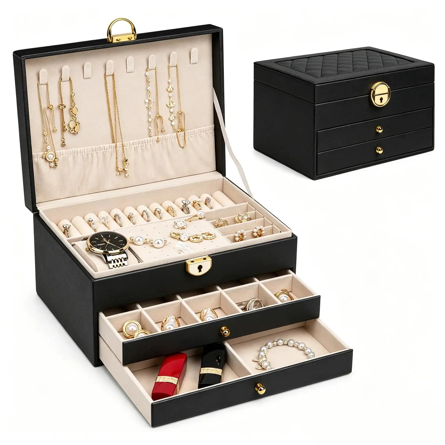 Large Lockable PU Leather Jewelry Box with Drawers, Multi Compartment Necklace Ring Watch Storage Organizer Gift Case for Women