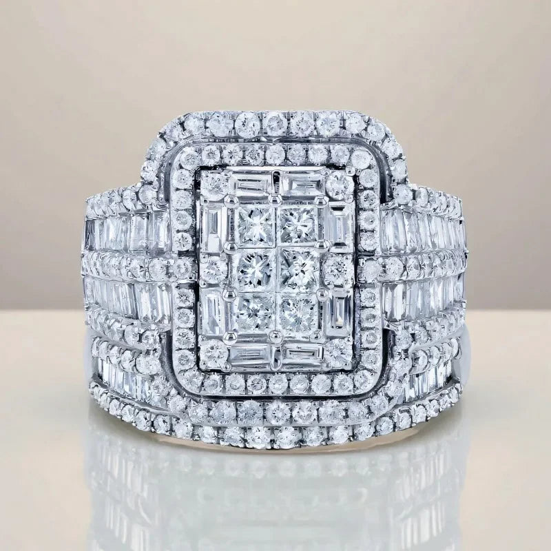 Jianjie 2pcs/set Light Luxury Couple's Full Paved Brilliant Square Zircon Shining Rings Wedding Dazzling Accessories Trend