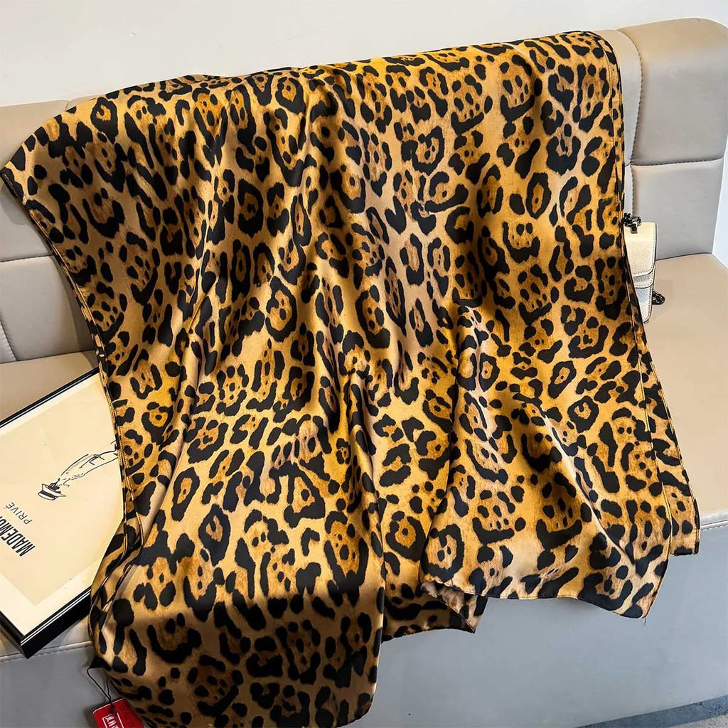 Spring Autumn Leopard Silk Scarf Women's Luxury Design Smooth Scarf Soft Shawl Beach Sun Protection 80x180cm Foulard Bandana