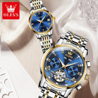OLEVS 6607+6602 Original Men Women Watch Luxury Brand Tourbillon Mechanical Watch High end Romantic Lover Date Gift Couple Watch