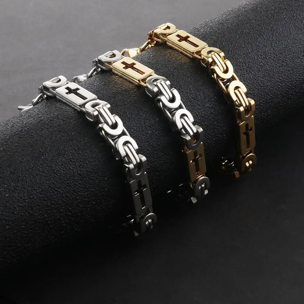 Stainless Steel Byzantine Link Chains Bangle Bracelets for Male Men Cross Chain Bracelet Hip Hop Trendy Wrist Jewelry Gift