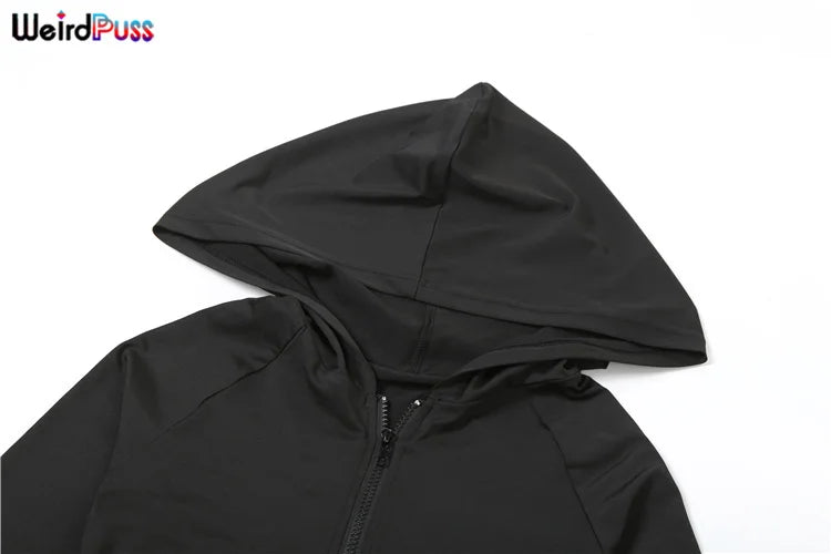 Weird Puss Sporty Casual 2 Piece Set Women Tracksuit Hooded Zip Crop Tops+Leggings Fitness Soft Stretch Streetwear Activity Suit