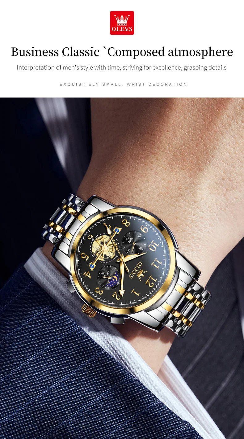 OLEVS Brand 2025 New Luxury Tourbillon Couple Quartz Watch Stainless Steel Waterproof Luminous Fashion Moon Phase Watches Lovers