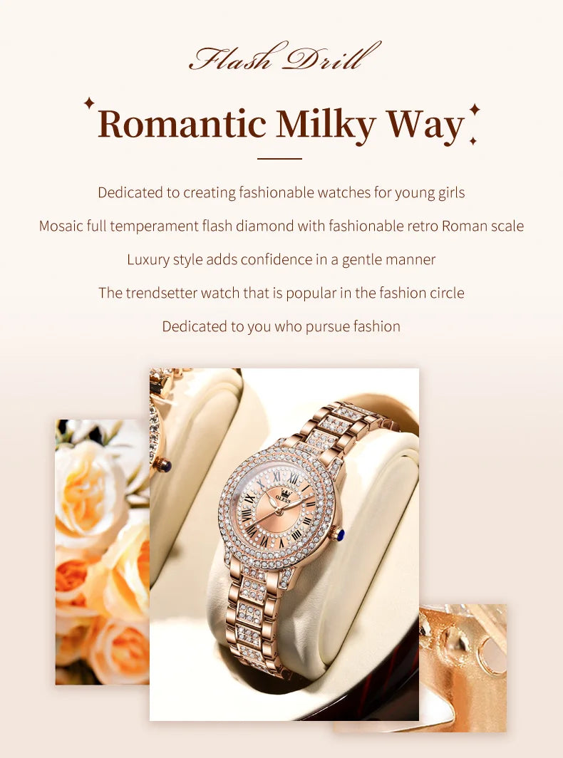 OLEVS 9943 Luxury All Diamond Original Quartz Watch for Women Elegant Rose Gold Stainless Steel Waterproof Ladies Wrist Watches