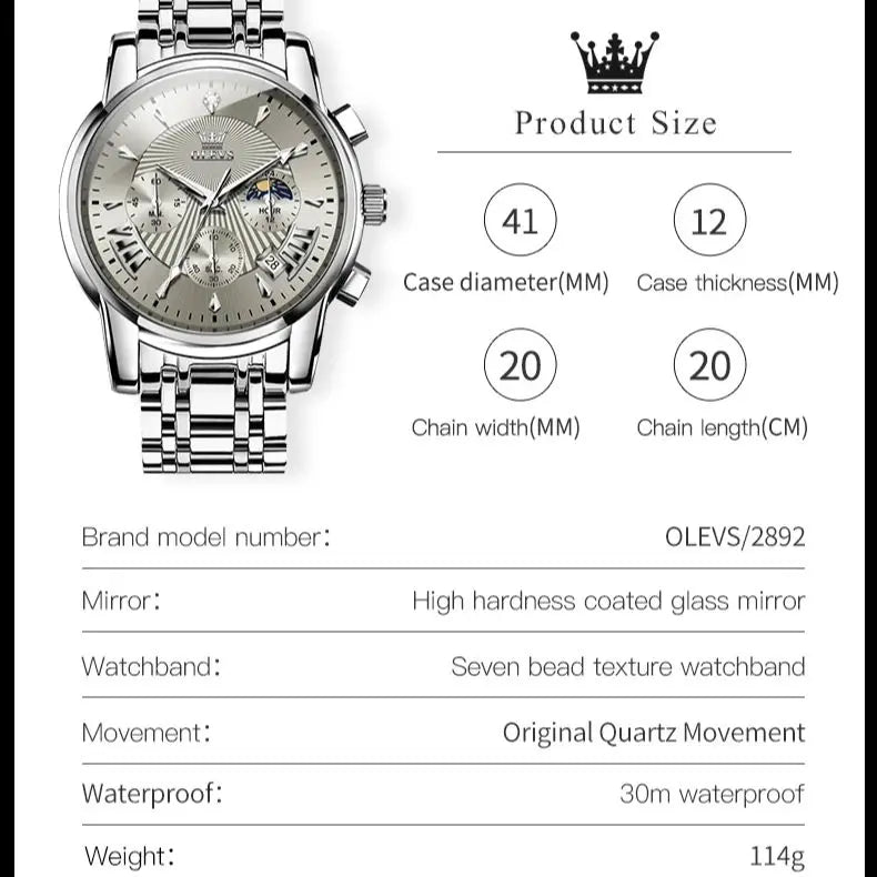 OLEVS 2892 Men Watch Original Quartz Watch Luxury Waterproof Luminous Calendar Moon Phase Chronograph Business Sports Men Watch